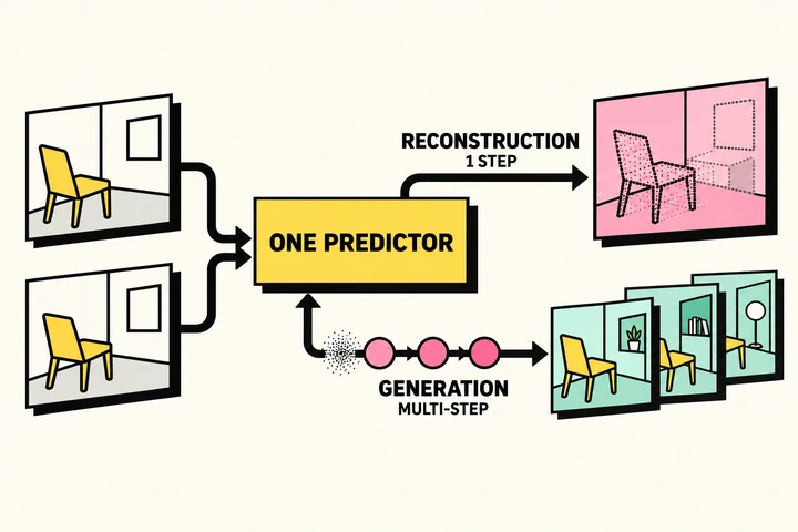 AI-generated concept diagram of one clean-target predictor used for one-step reconstruction and multi-step flow