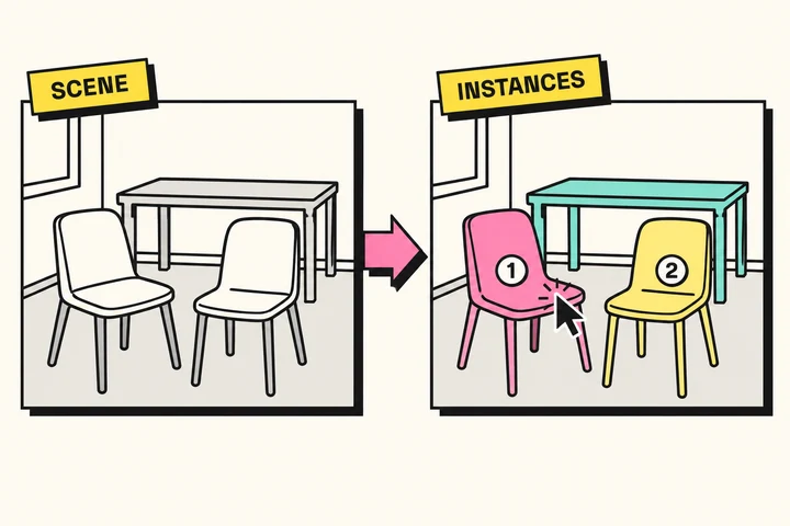 AI-generated concept illustration of instance segmentation separating two chairs into distinct object masks