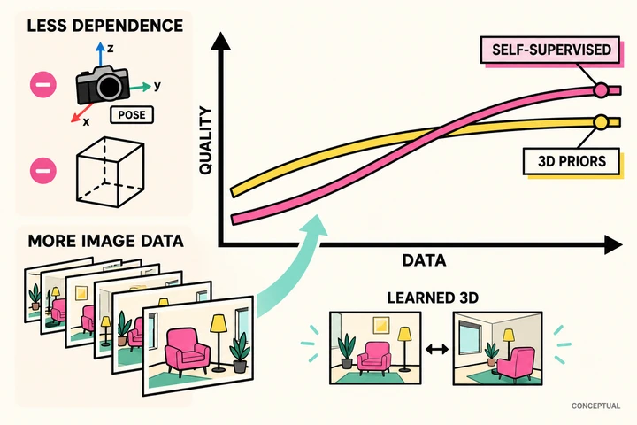 Conceptual illustration of self-supervised scaling with reduced dependence on explicit 3D priors