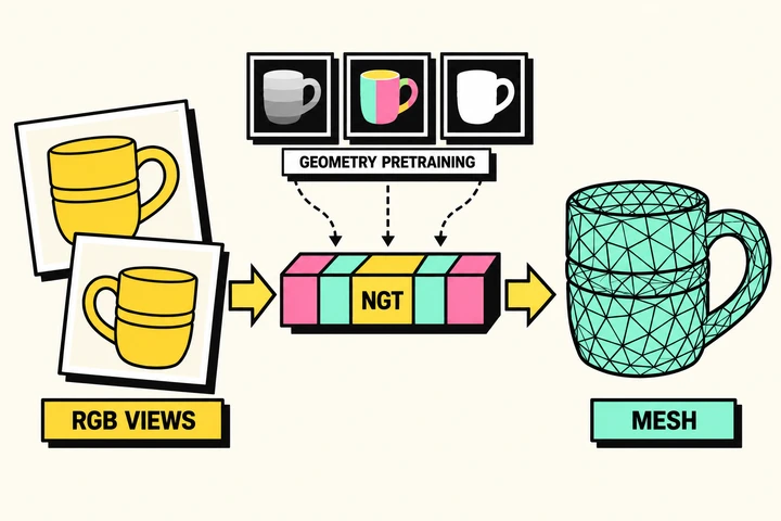 AI-generated concept illustration of geometry-pretrained NGTs bridging RGB views and faithful mesh reconstruction