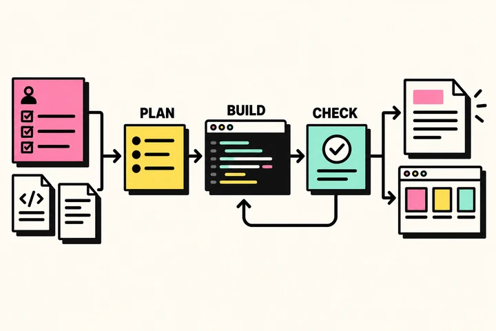 AI-generated concept diagram of planning, building and validating workspace deliverables
